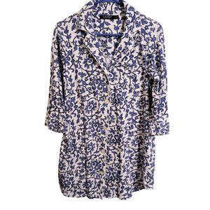 Lauren Ralph Lauren Womens Blue & White Floral Cotton Pajama Shirt M Button Fron